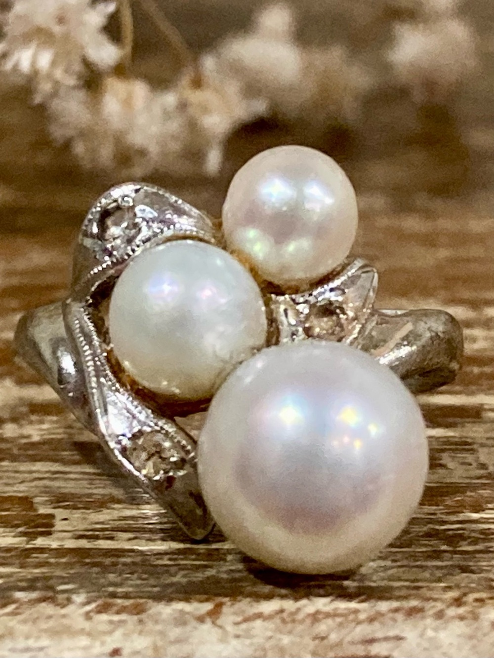 10K Gold Triple Pearl Cluster Ring Size 5.25 White Gold